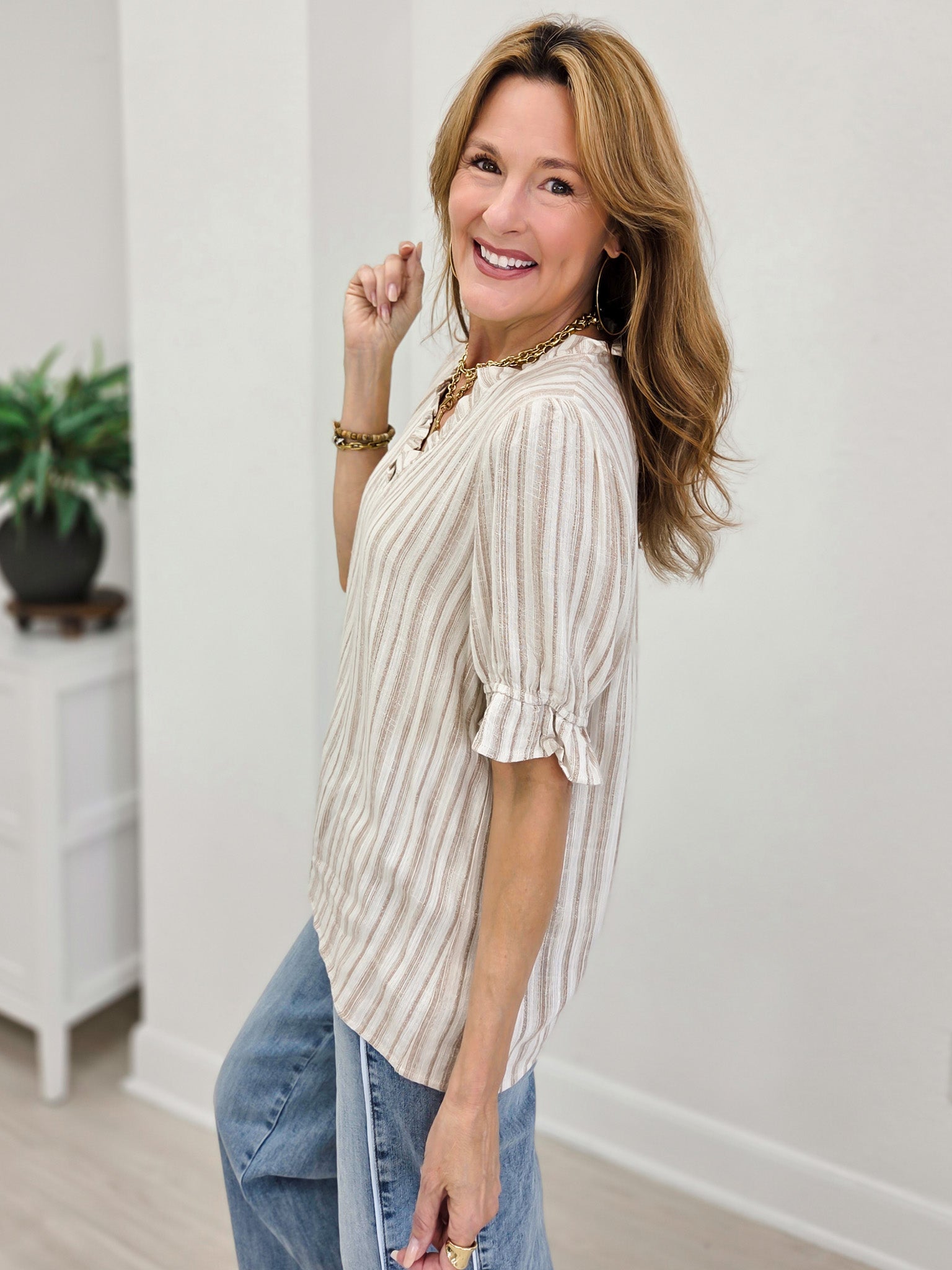 Frilled V Neck Striped Top