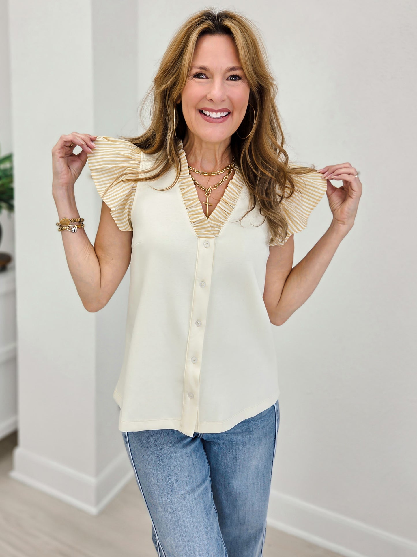 Frilled Neck Button Down Scuba Top