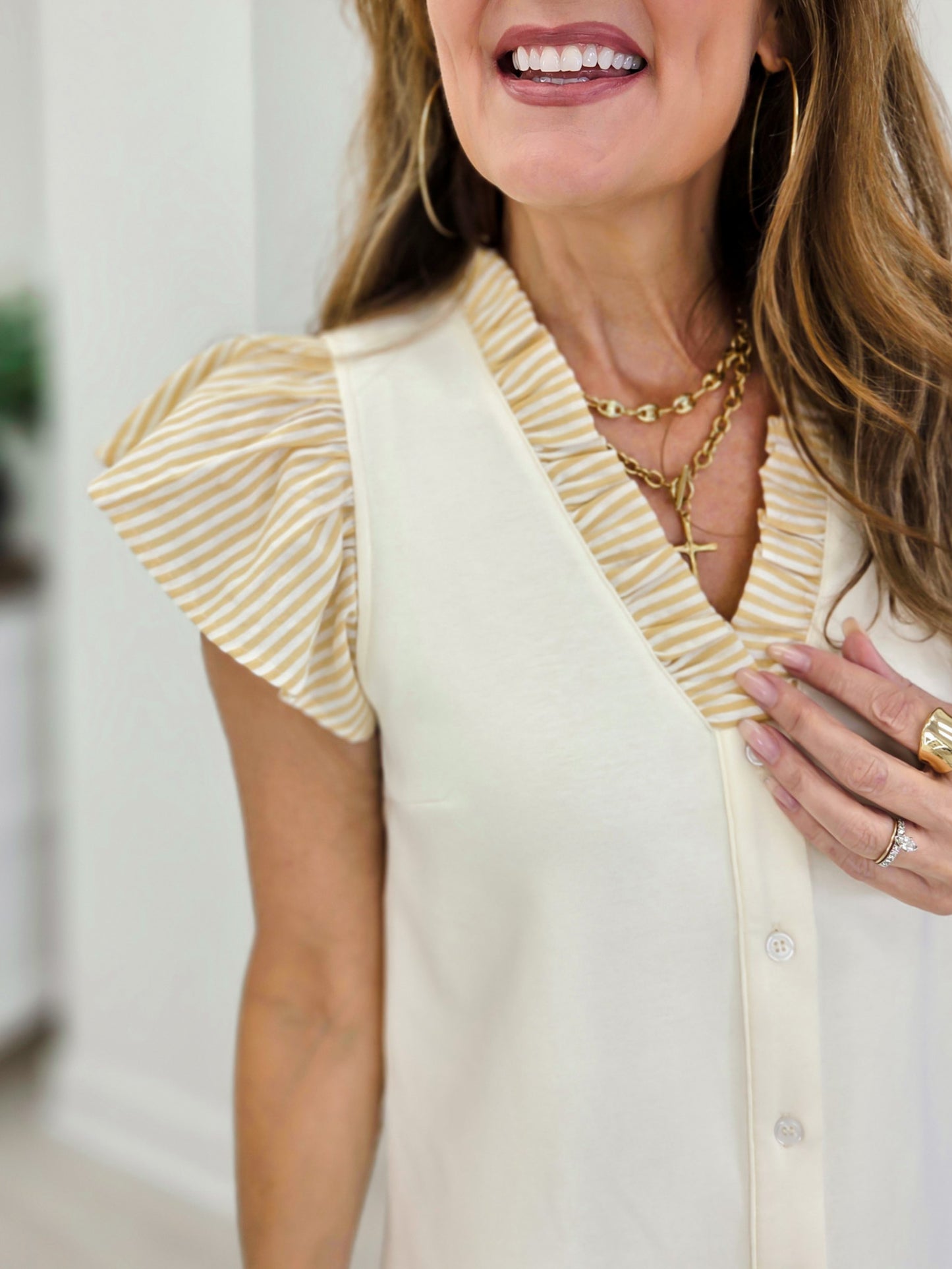 Frilled Neck Button Down Scuba Top