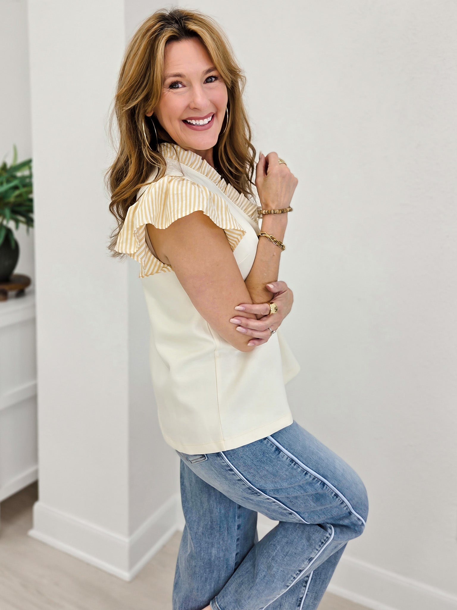 Frilled Neck Button Down Scuba Top