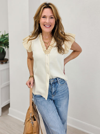 Frilled Neck Button Down Scuba Top