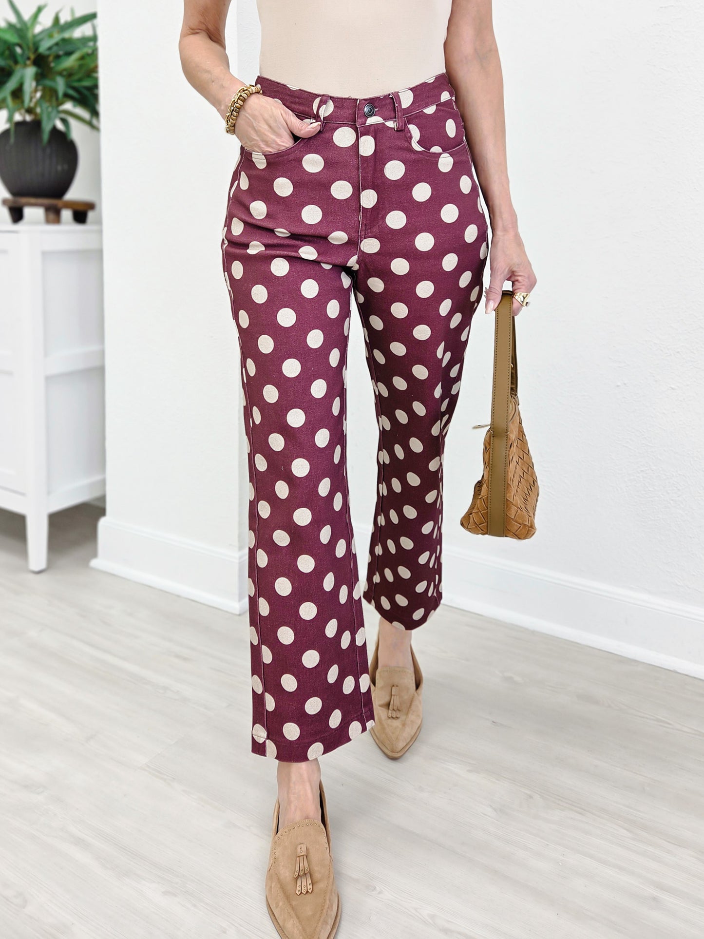Polka Dot Print Cotton Twill Wide Straight Leg Pants