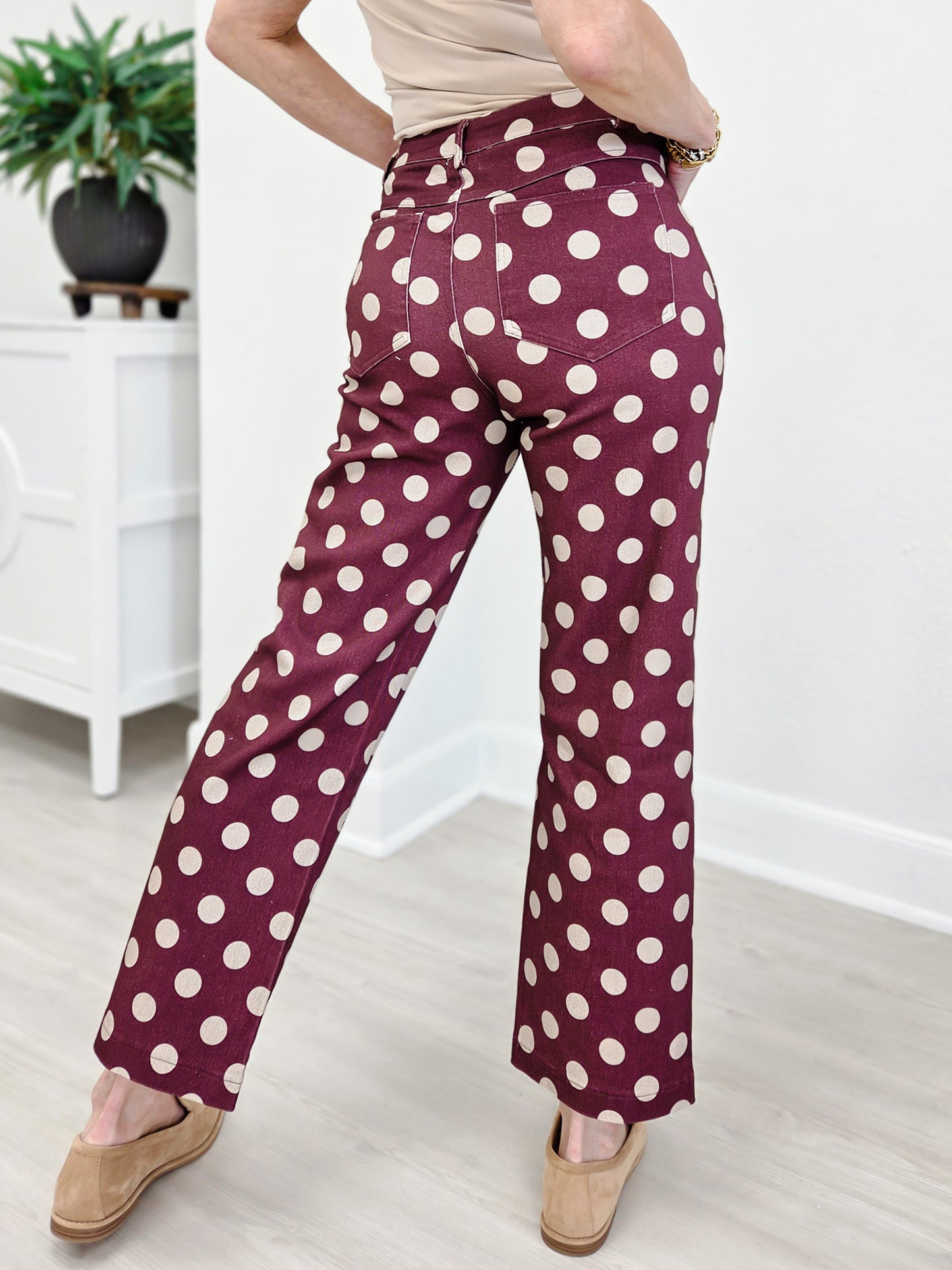Polka Dot Print Cotton Twill Wide Straight Leg Pants