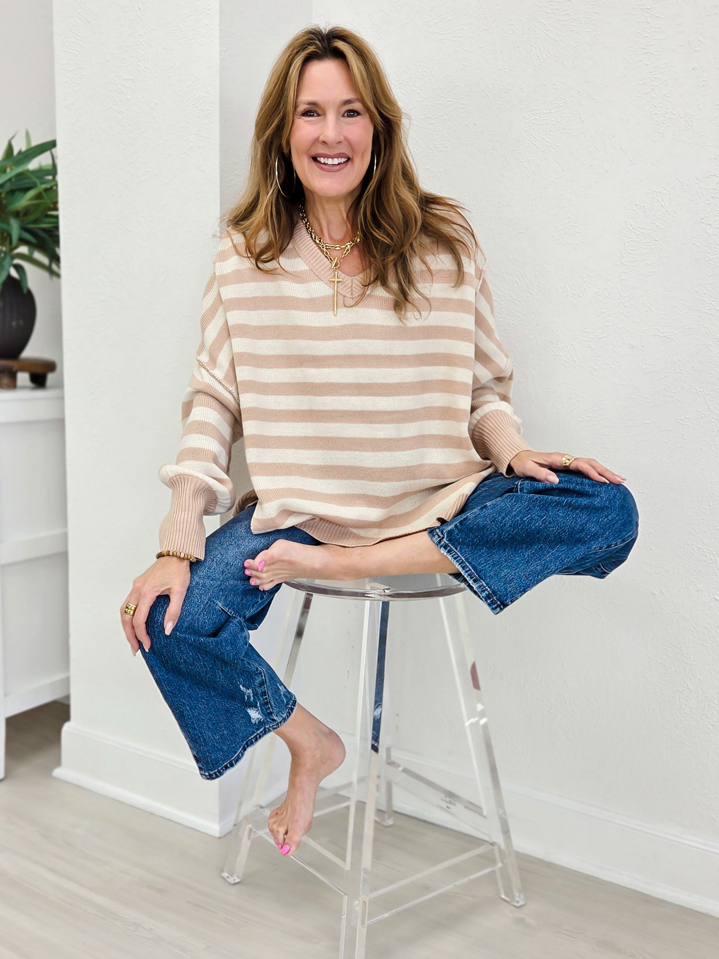 Striped V Neck Oversized High And Low Hem Sweater
