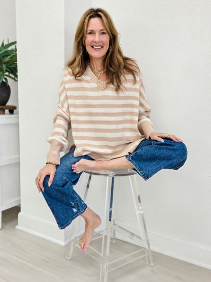 Striped V Neck Oversized High And Low Hem Sweater