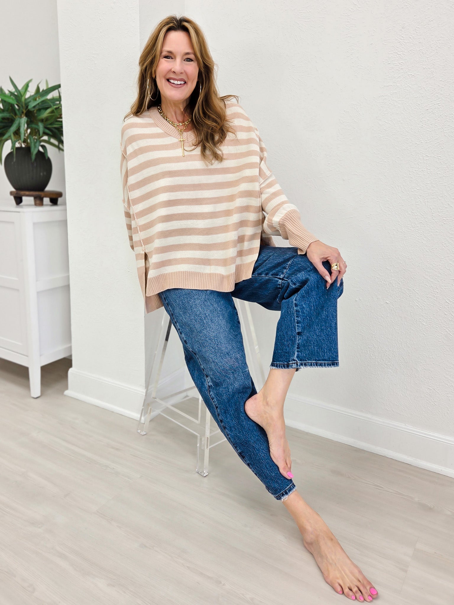 Striped V Neck Oversized High And Low Hem Sweater