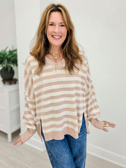 Striped V Neck Oversized High And Low Hem Sweater
