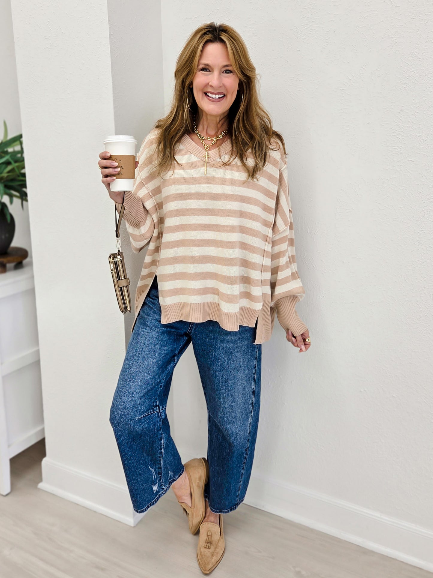 Striped V Neck Oversized High And Low Hem Sweater