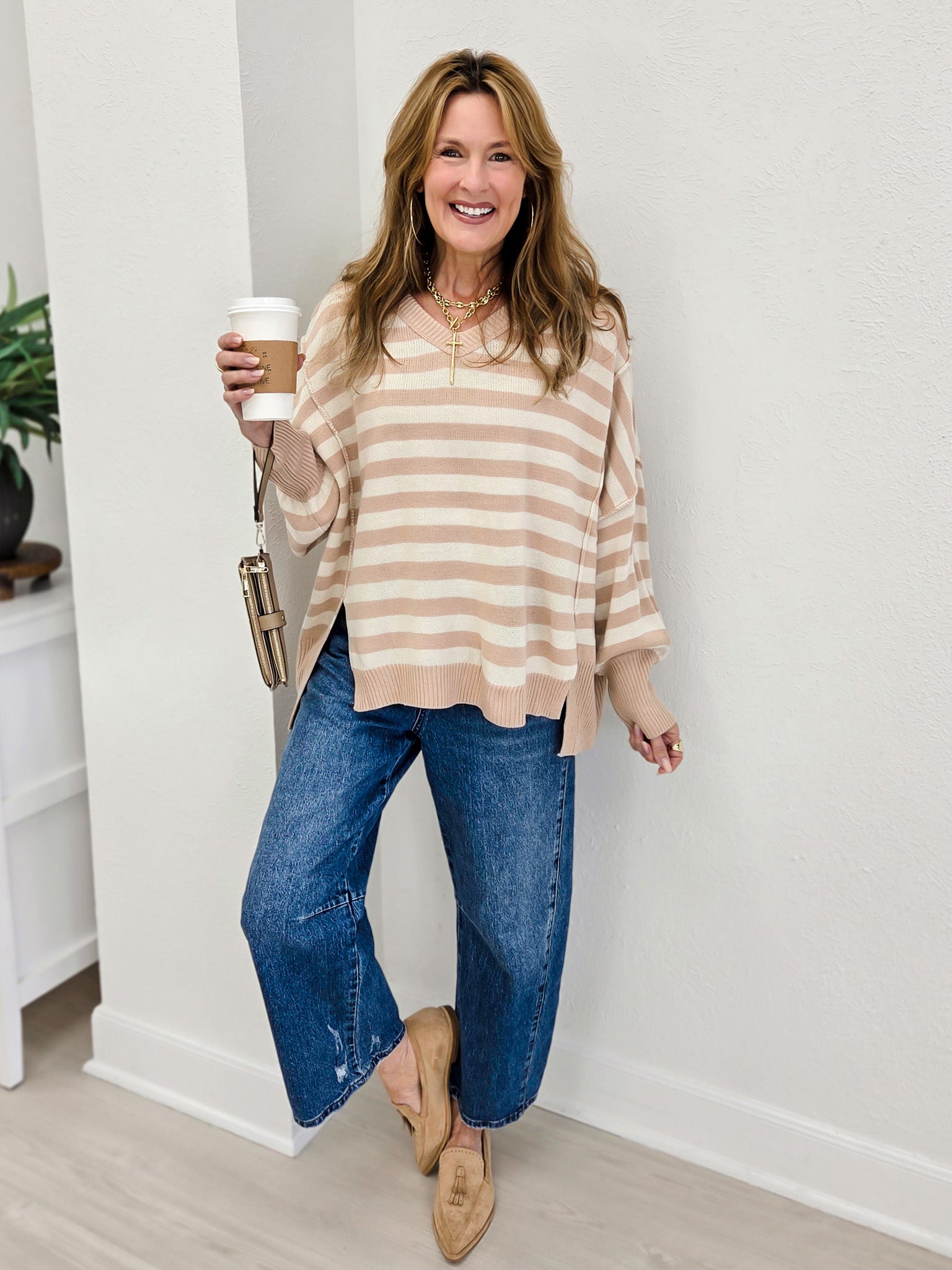Striped V Neck Oversized High And Low Hem Sweater