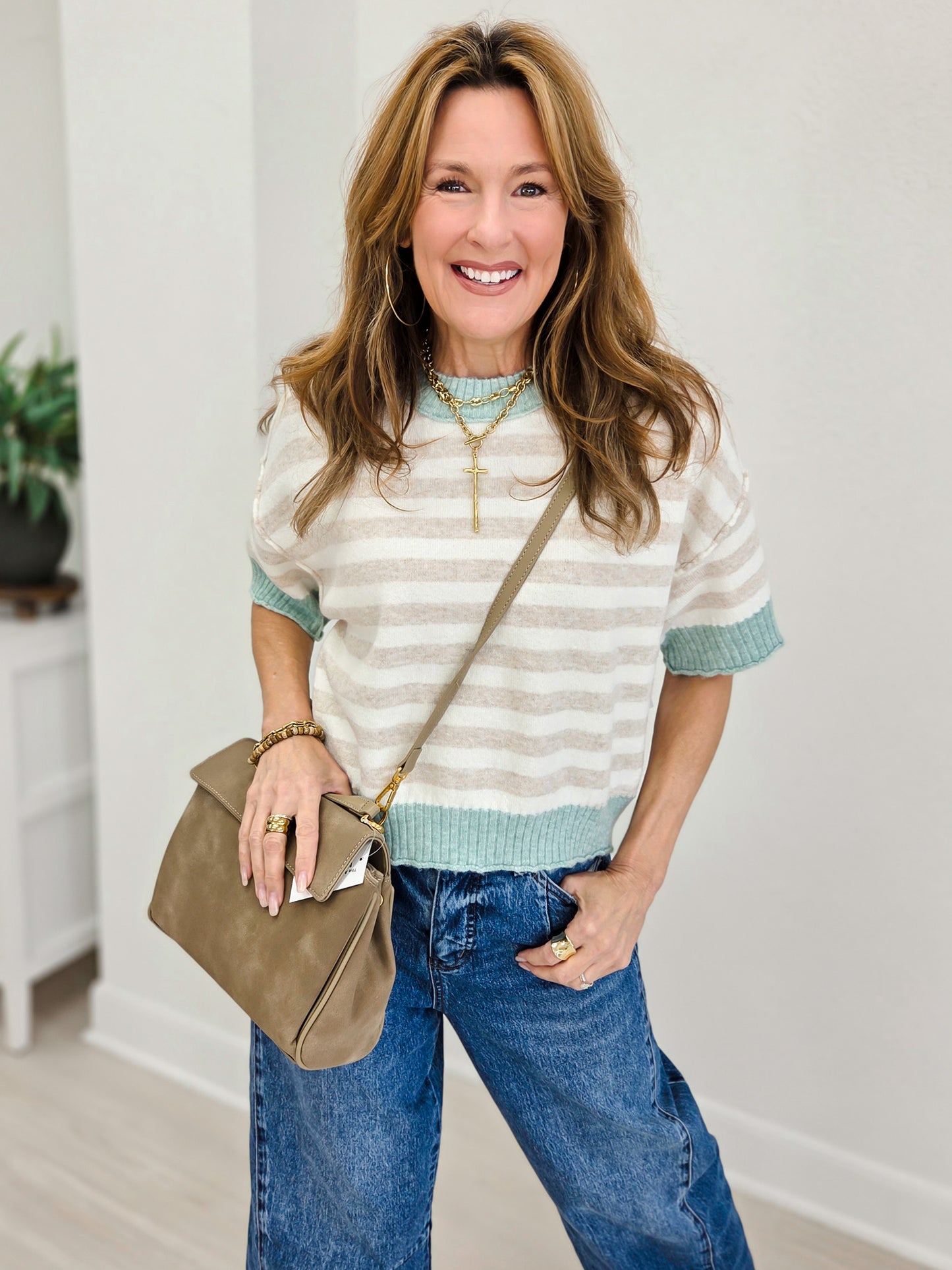 Stripe Oversized Short Sleeve Crop Sweater