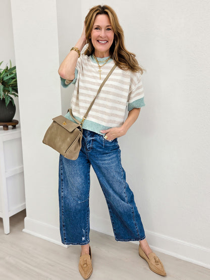 Stripe Oversized Short Sleeve Crop Sweater
