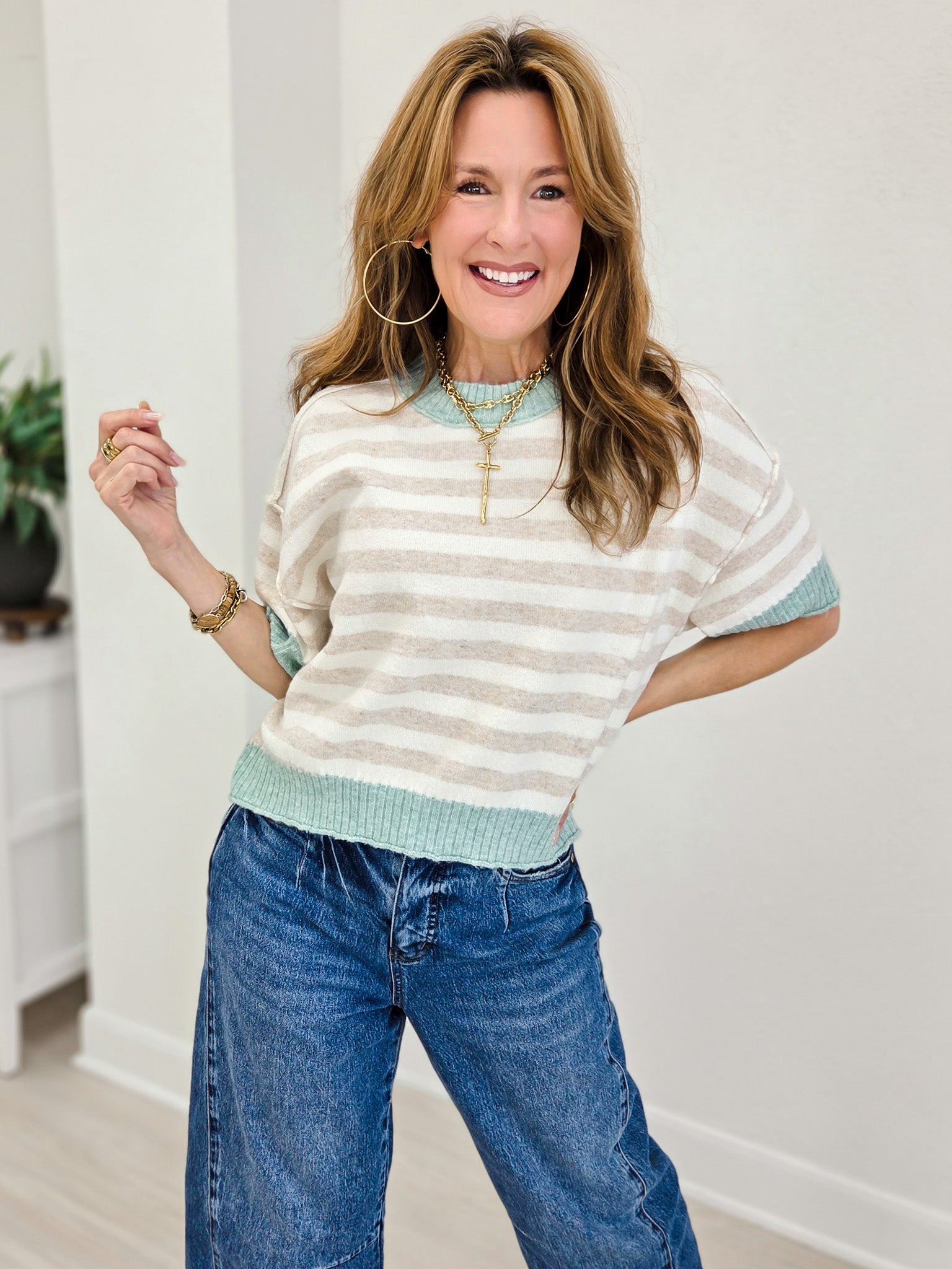Stripe Oversized Short Sleeve Crop Sweater