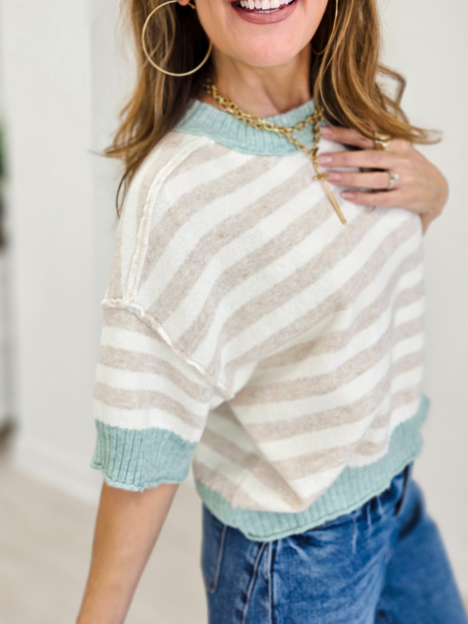 Stripe Oversized Short Sleeve Crop Sweater