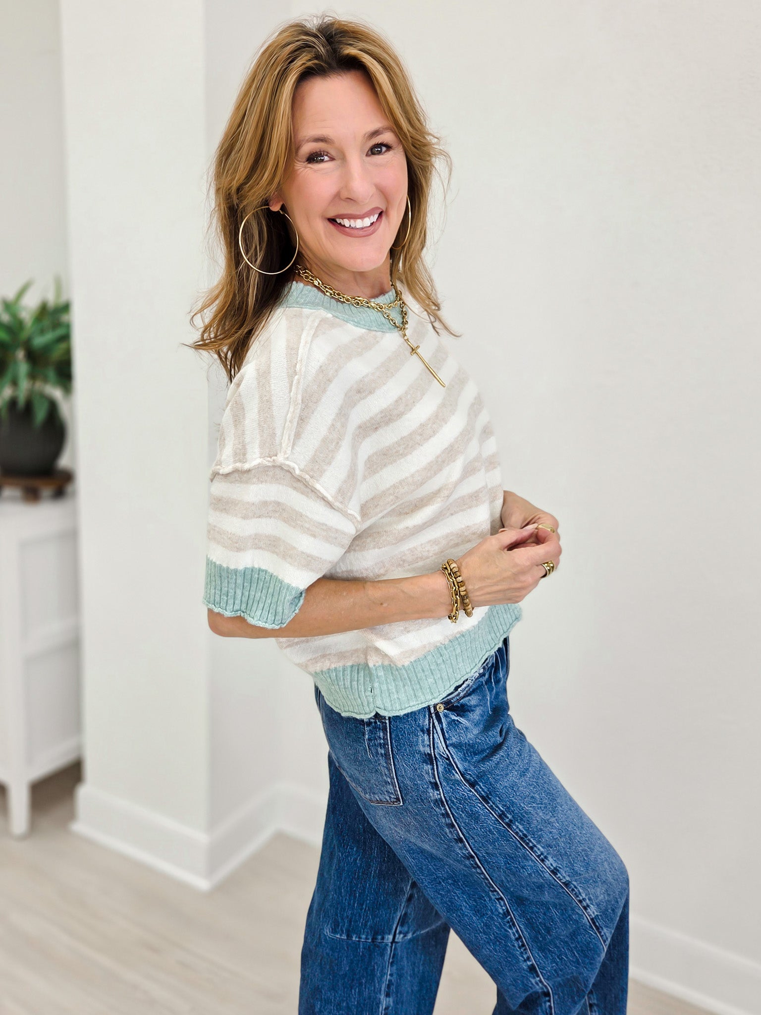 Stripe Oversized Short Sleeve Crop Sweater