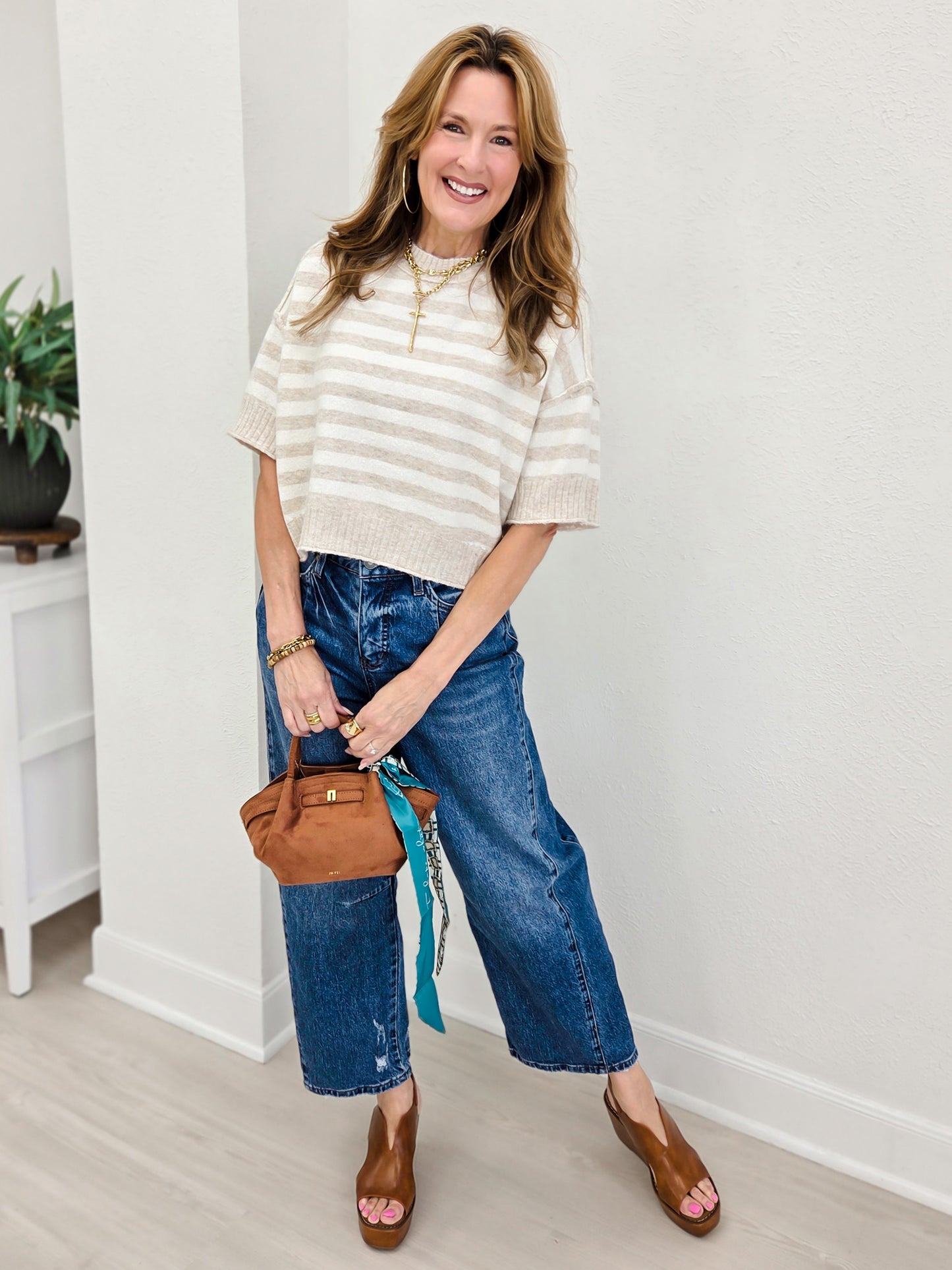 Stripe Oversized Short Sleeve Crop Sweater