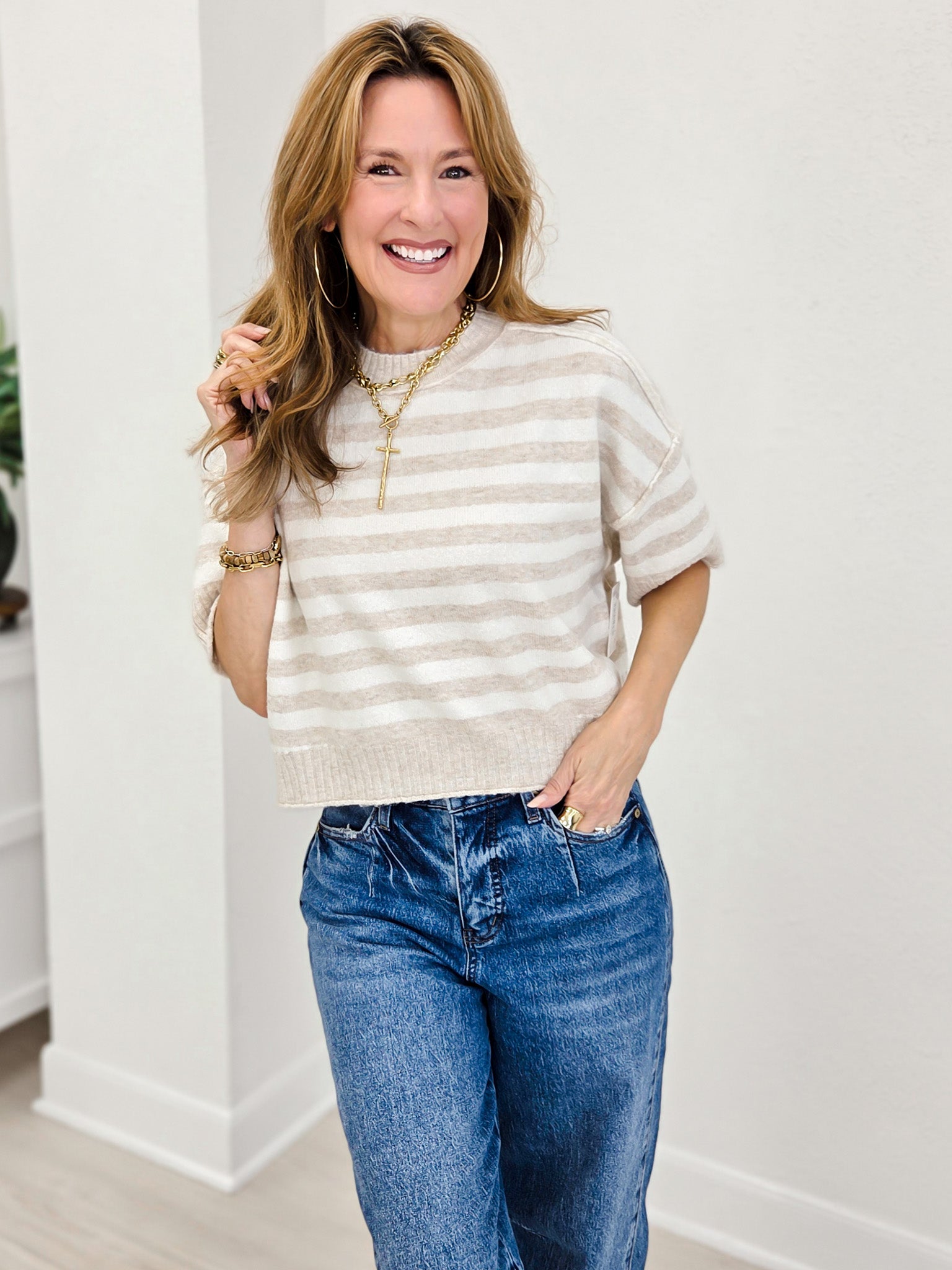 Stripe Oversized Short Sleeve Crop Sweater