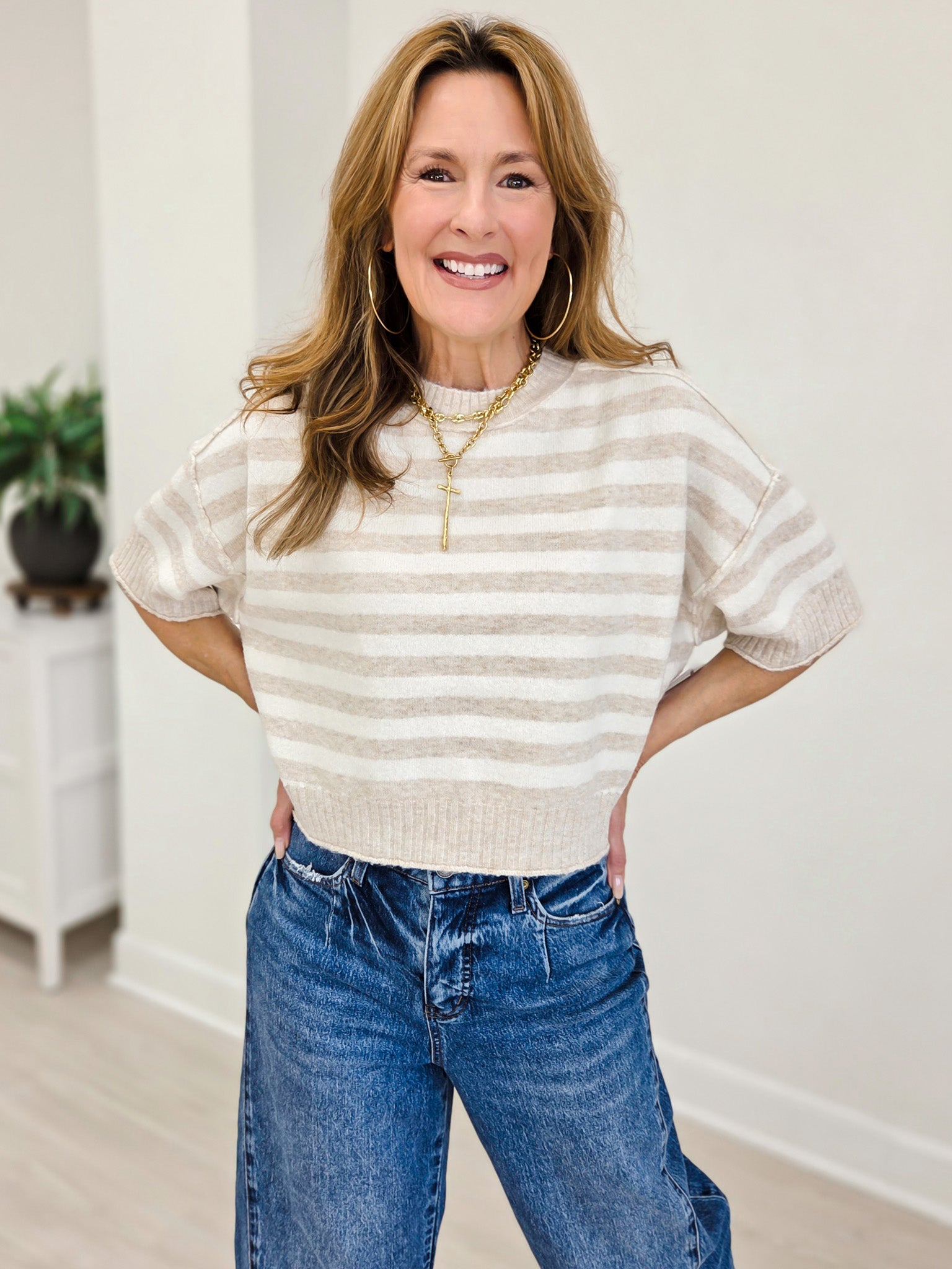 Stripe Oversized Short Sleeve Crop Sweater