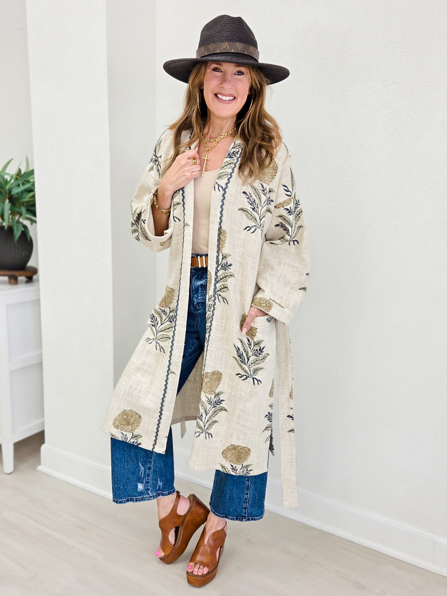 Lightweight Contrast Trim Tie Waist Kimono Robe Jacket