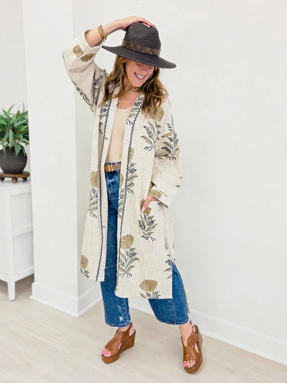 Lightweight Contrast Trim Tie Waist Kimono Robe Jacket