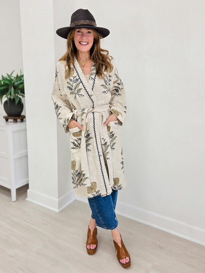 Lightweight Contrast Trim Tie Waist Kimono Robe Jacket