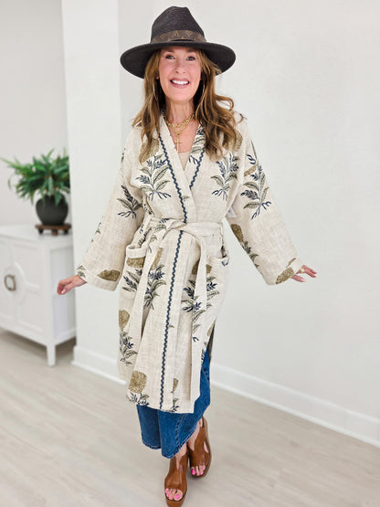 Lightweight Contrast Trim Tie Waist Kimono Robe Jacket