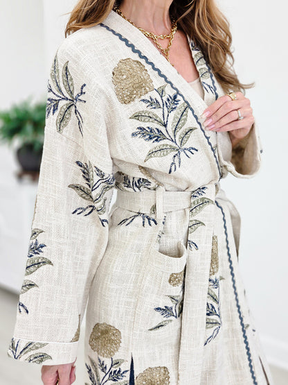 Lightweight Contrast Trim Tie Waist Kimono Robe Jacket