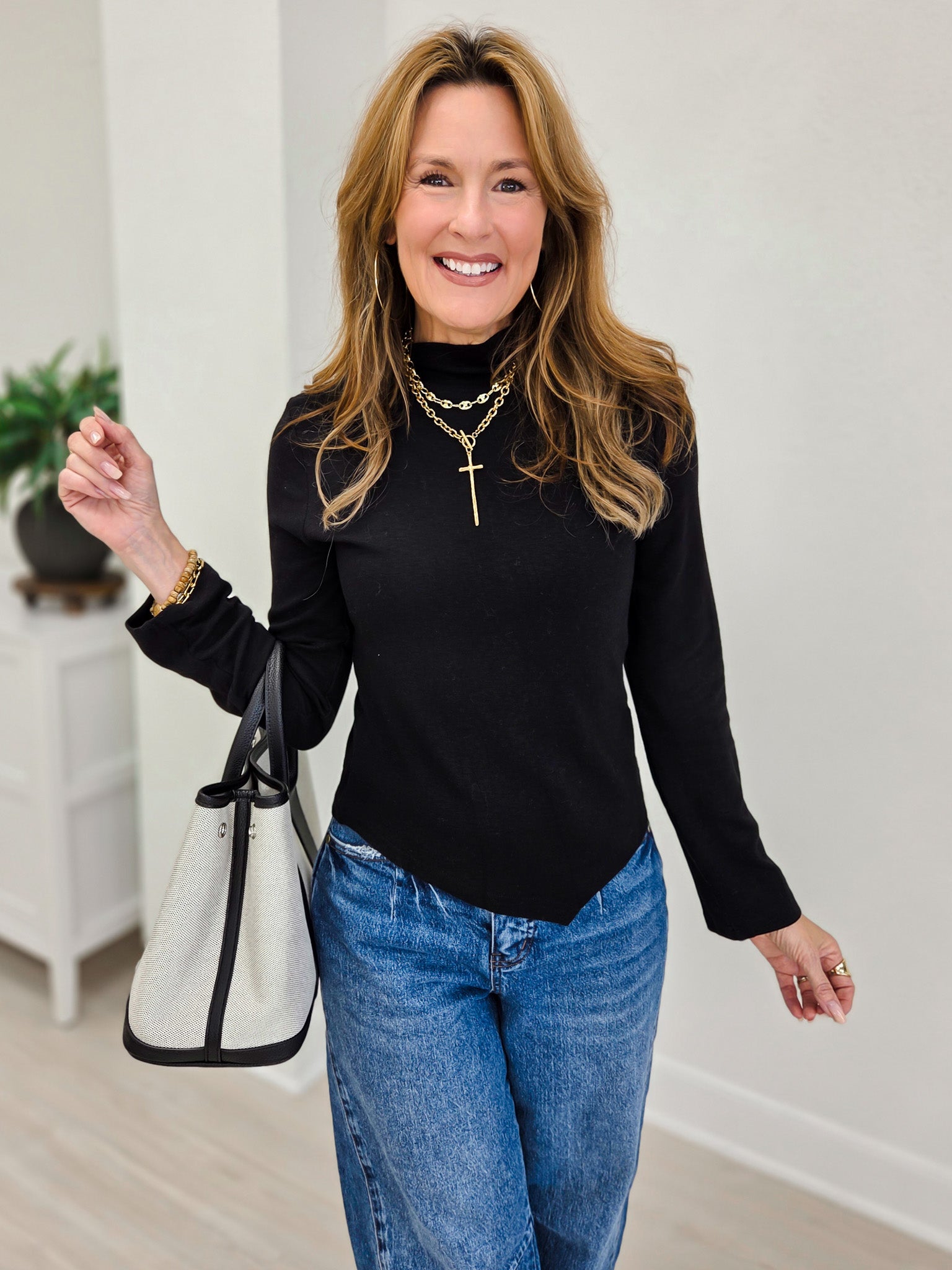Mock Turtleneck Stretchable Fabric Long Sleeve Solid Top