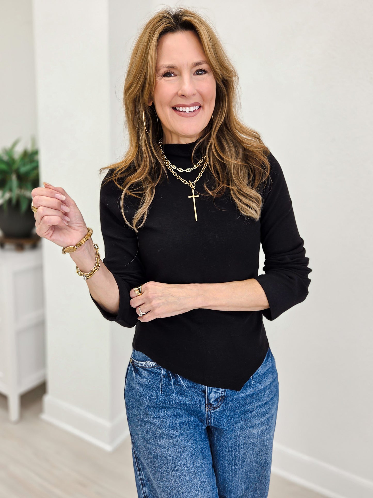 Mock Turtleneck Stretchable Fabric Long Sleeve Solid Top
