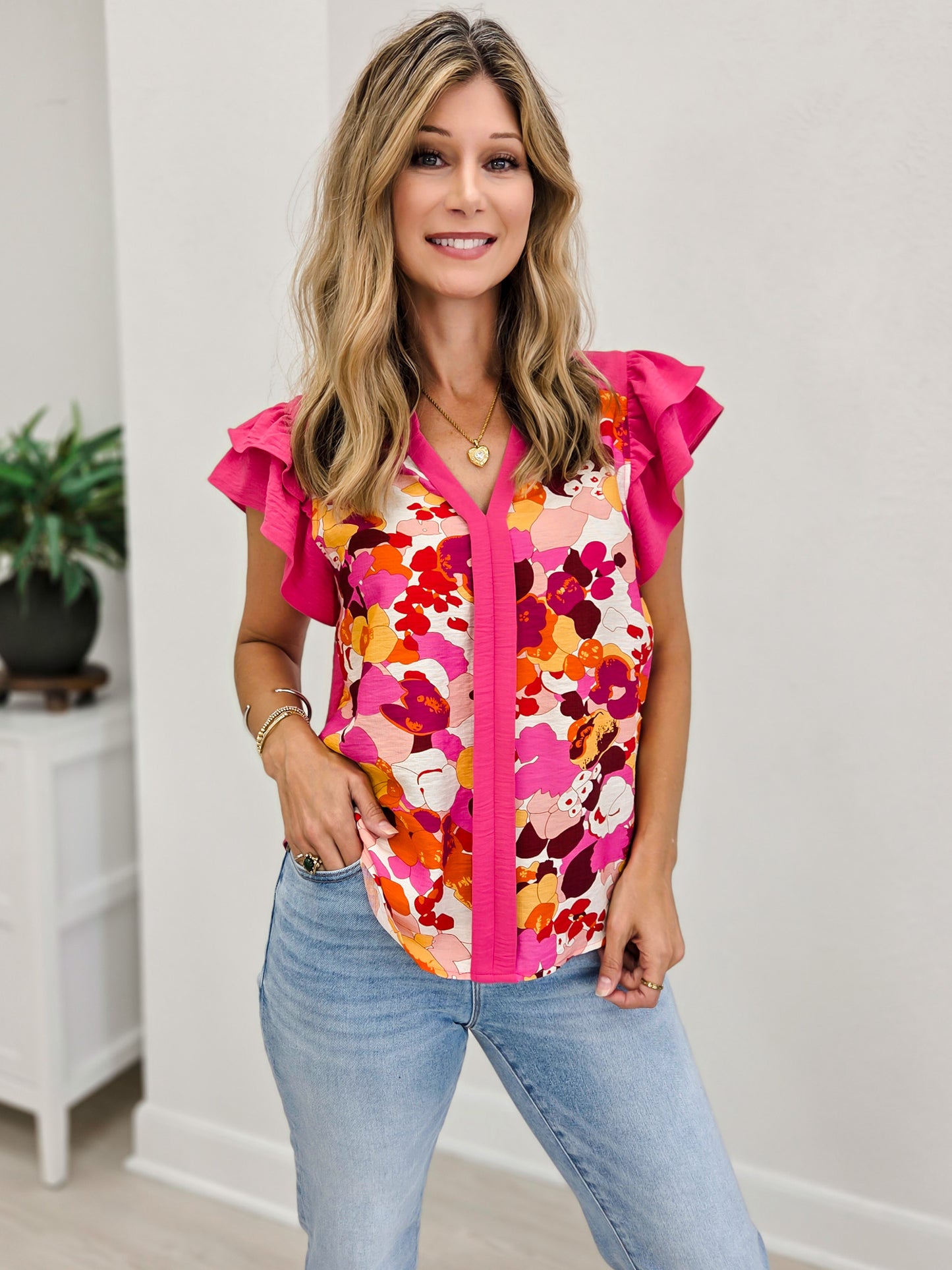 Y Neck Flutter Sleeve Floral Printed Top