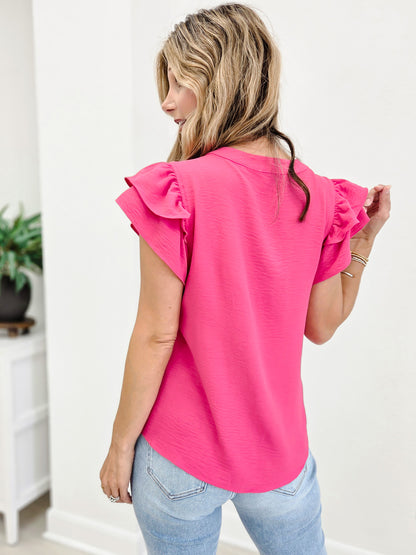 Y Neck Flutter Sleeve Floral Printed Top