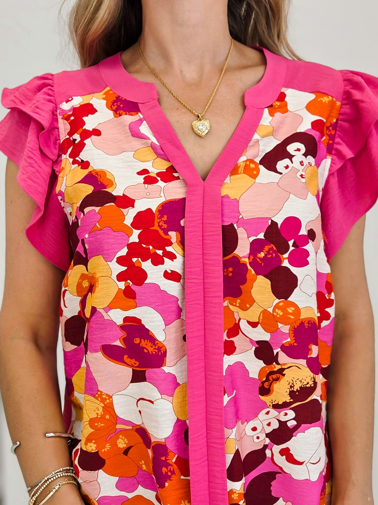 Y Neck Flutter Sleeve Floral Printed Top