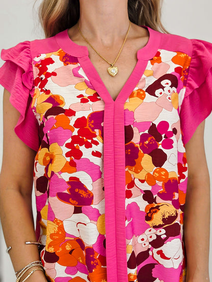 Y Neck Flutter Sleeve Floral Printed Top