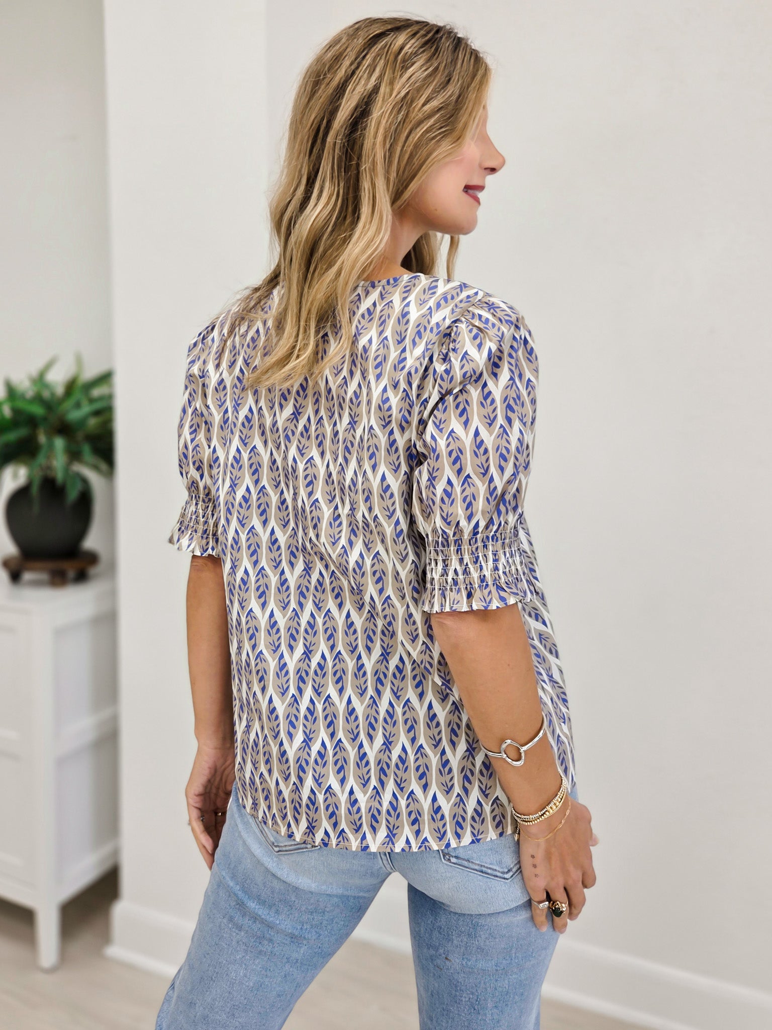 Smocked Hem Sleeve Floral Print Top