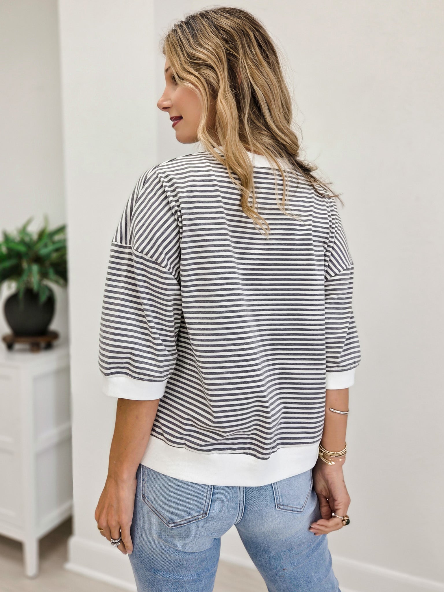 Striped Contrast Trim Rib Banded Top