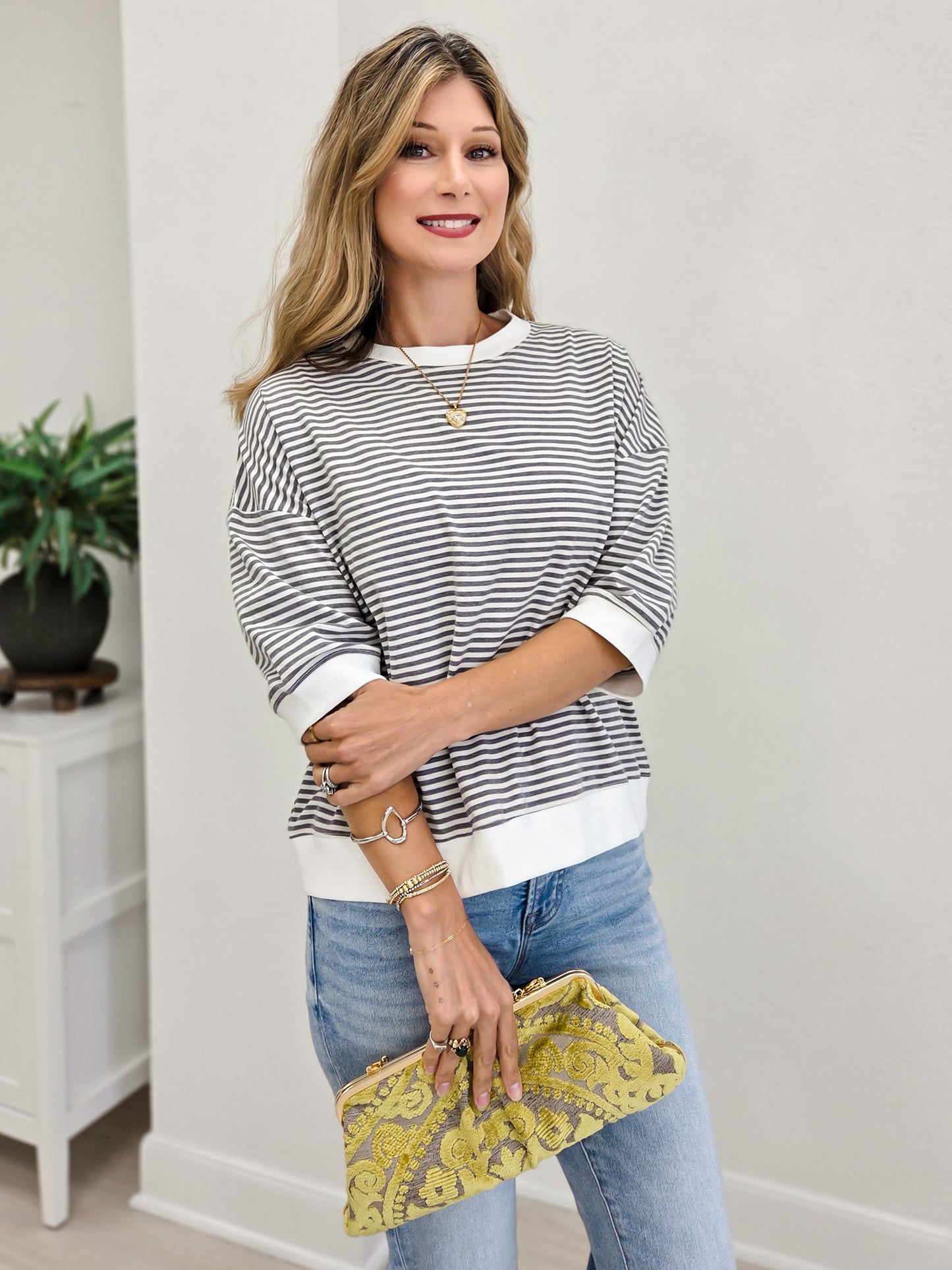 Striped Contrast Trim Rib Banded Top