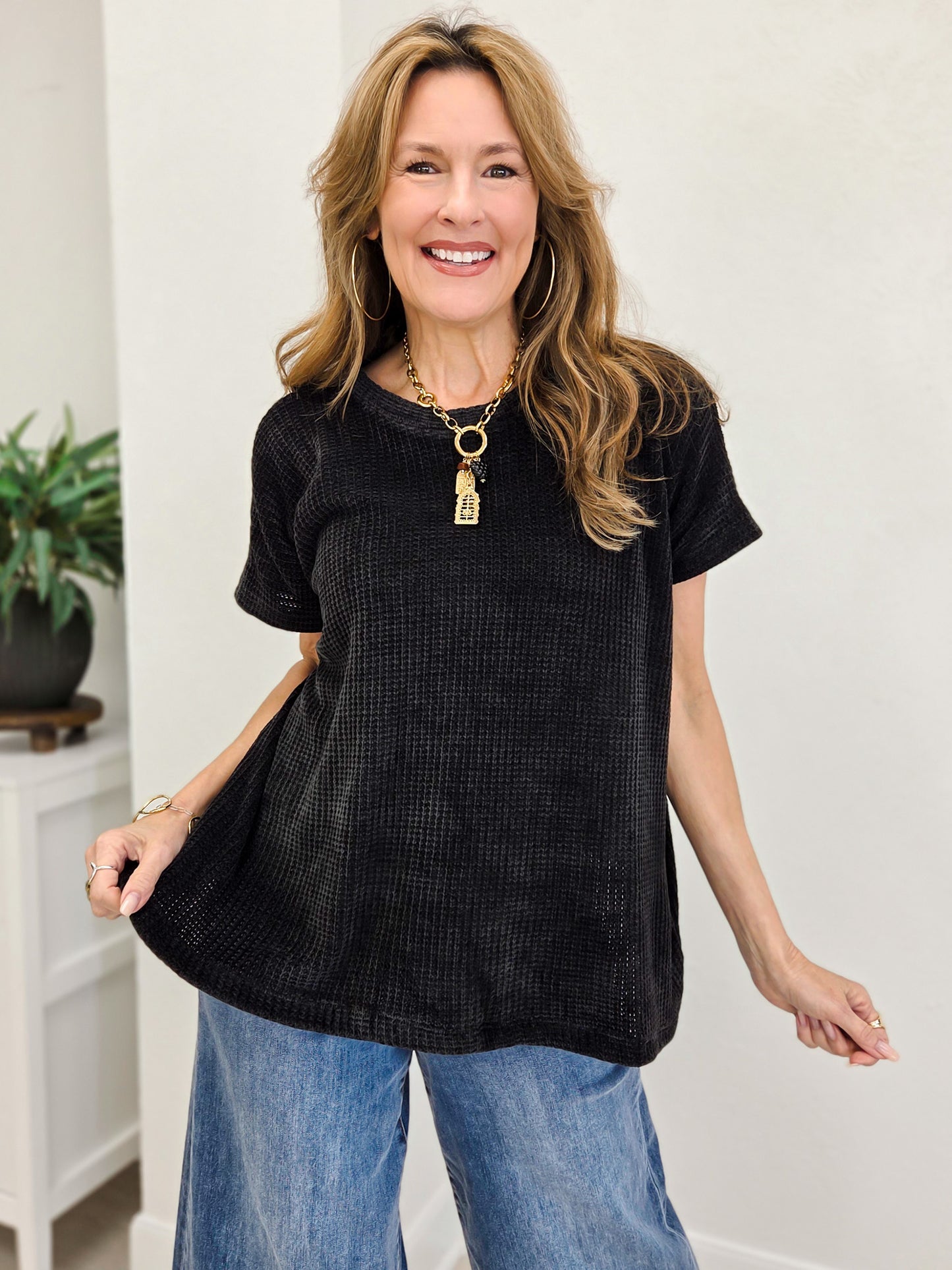 Chenille Waffle Cap Sleeve Sweater