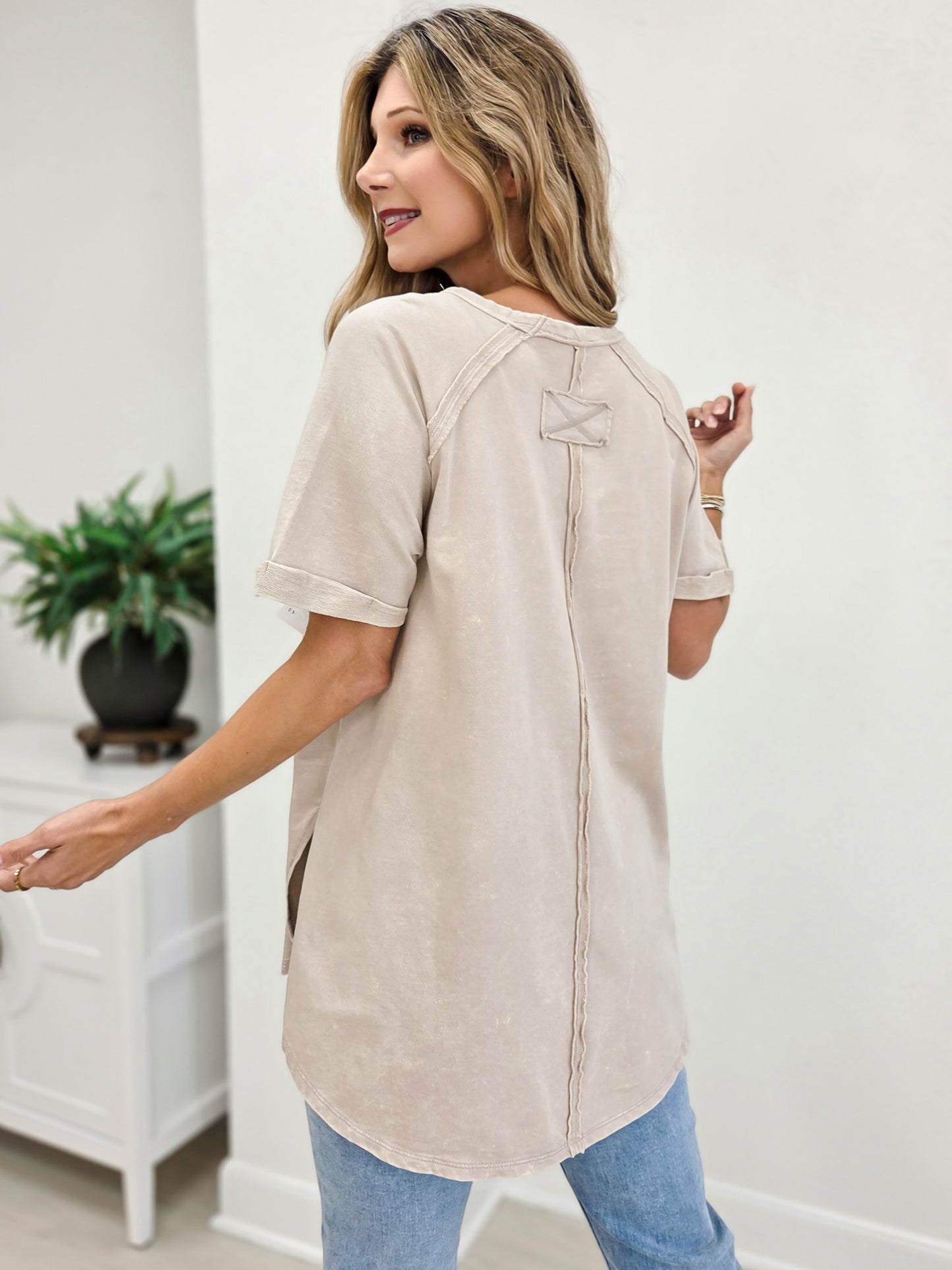 French terry Acid Wash Short Cuff Sleeve Pullover