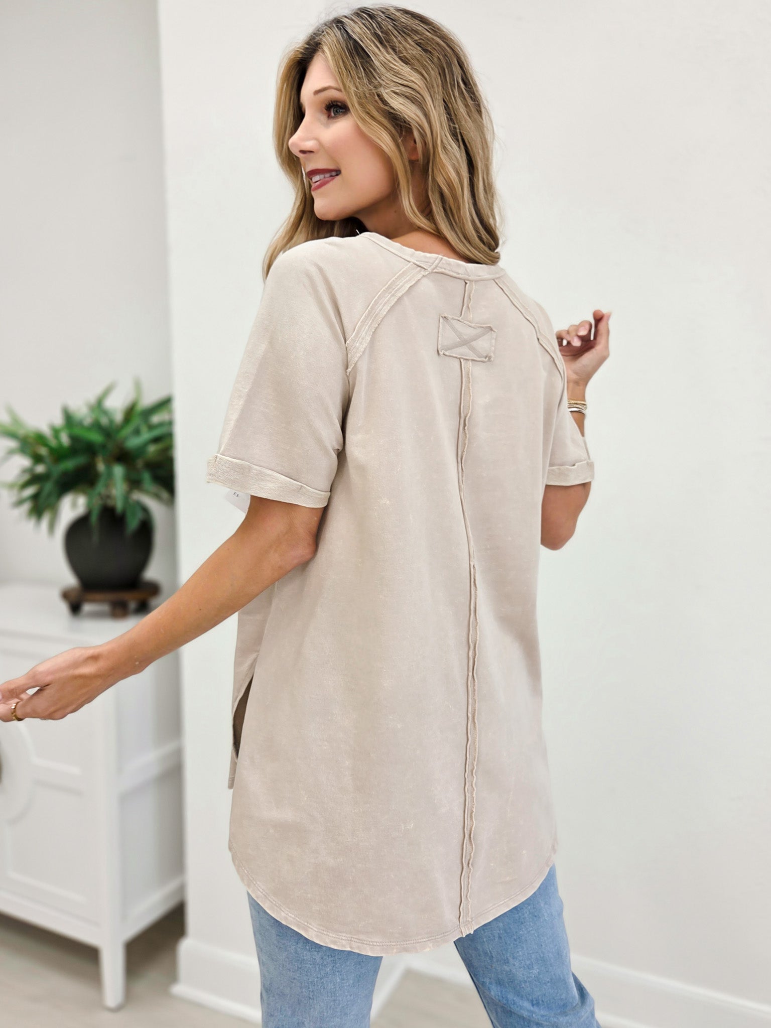 French terry Acid Wash Short Cuff Sleeve Pullover