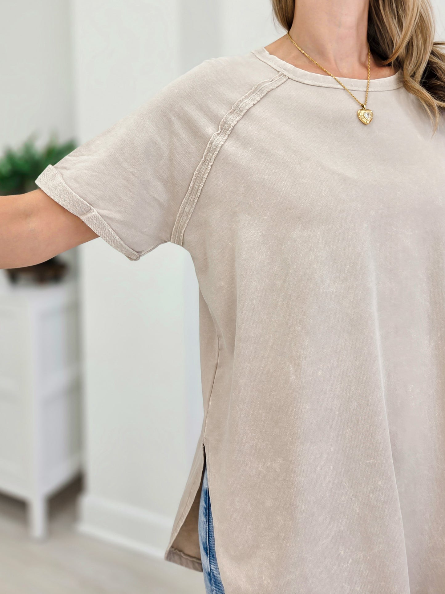 French terry Acid Wash Short Cuff Sleeve Pullover