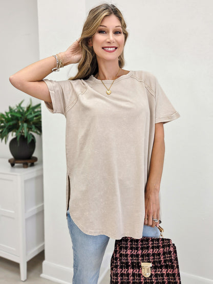 French terry Acid Wash Short Cuff Sleeve Pullover