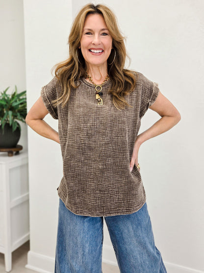 Woven Double Gauze Acid Washed Short Sleeve Top