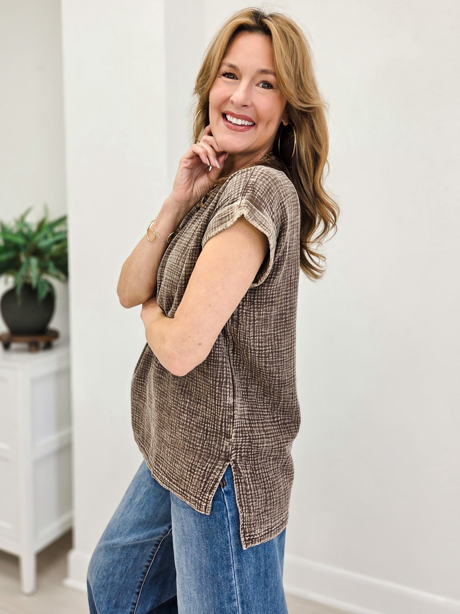 Woven Double Gauze Acid Washed Short Sleeve Top