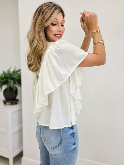 Romantic Ruffle Trim Gathered Panels Woven Blouse Top