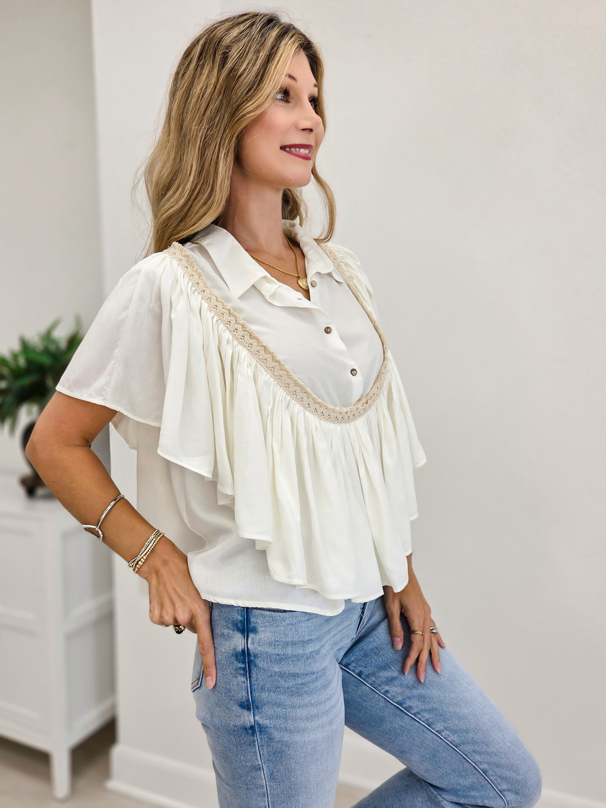 Romantic Ruffle Trim Gathered Panels Woven Blouse Top