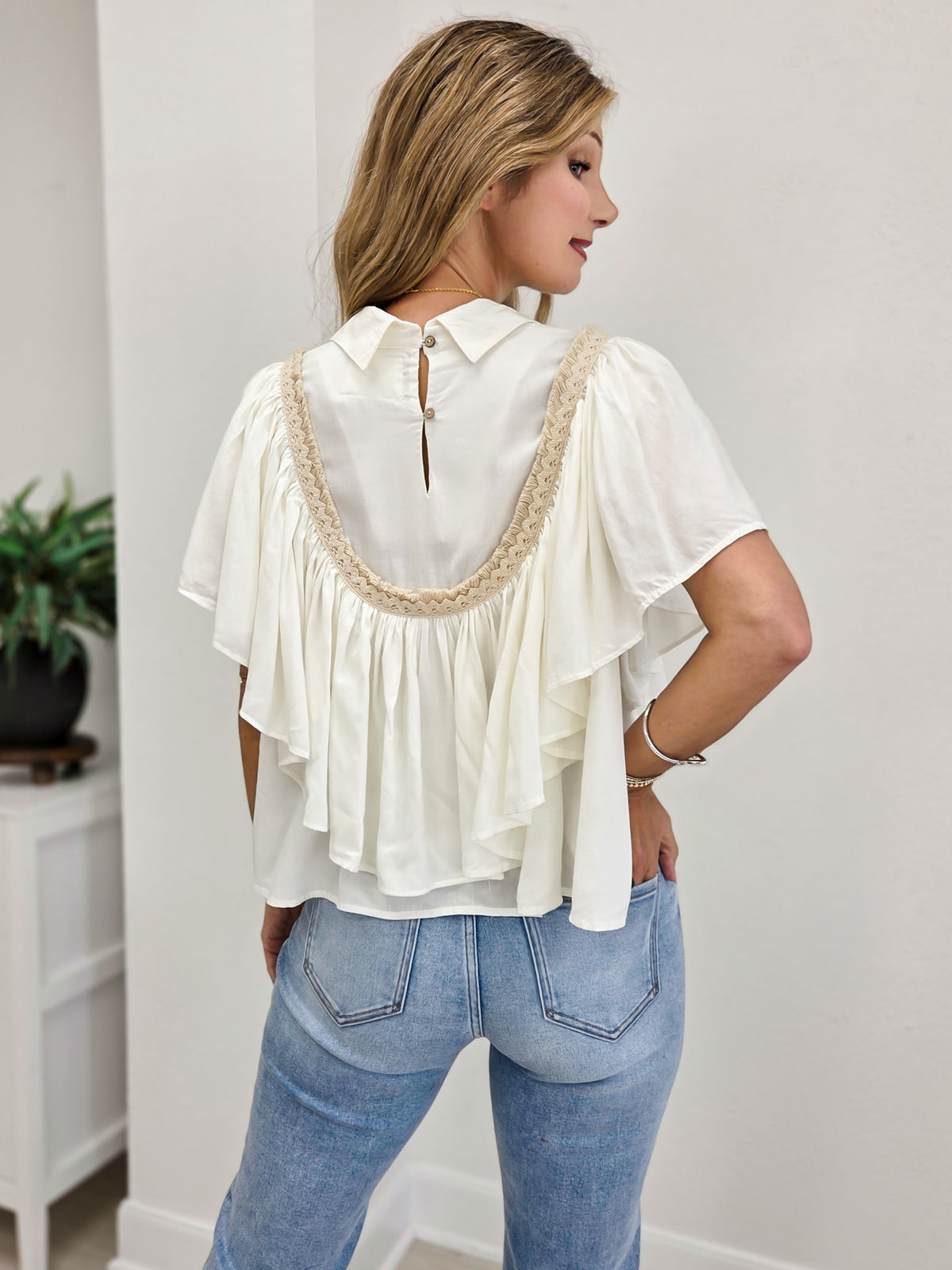 Romantic Ruffle Trim Gathered Panels Woven Blouse Top