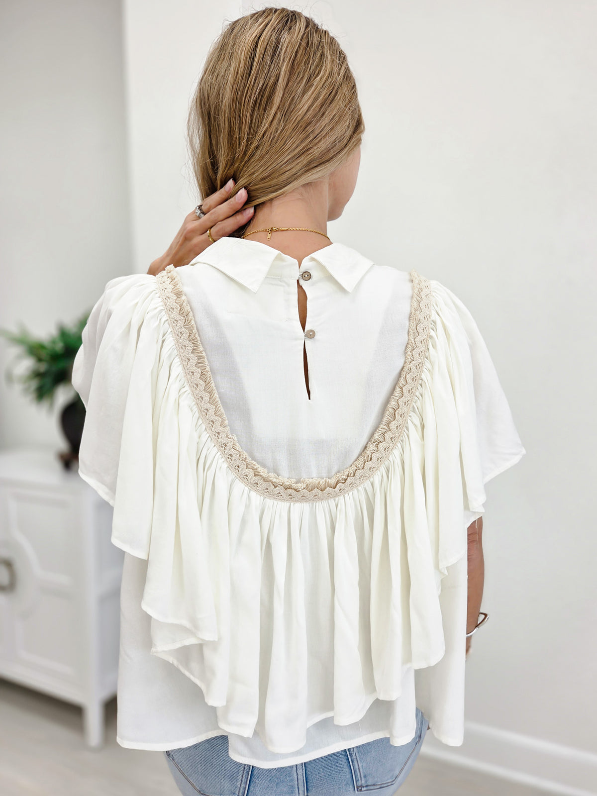 Romantic Ruffle Trim Gathered Panels Woven Blouse Top