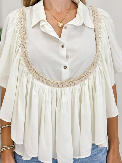 Romantic Ruffle Trim Gathered Panels Woven Blouse Top