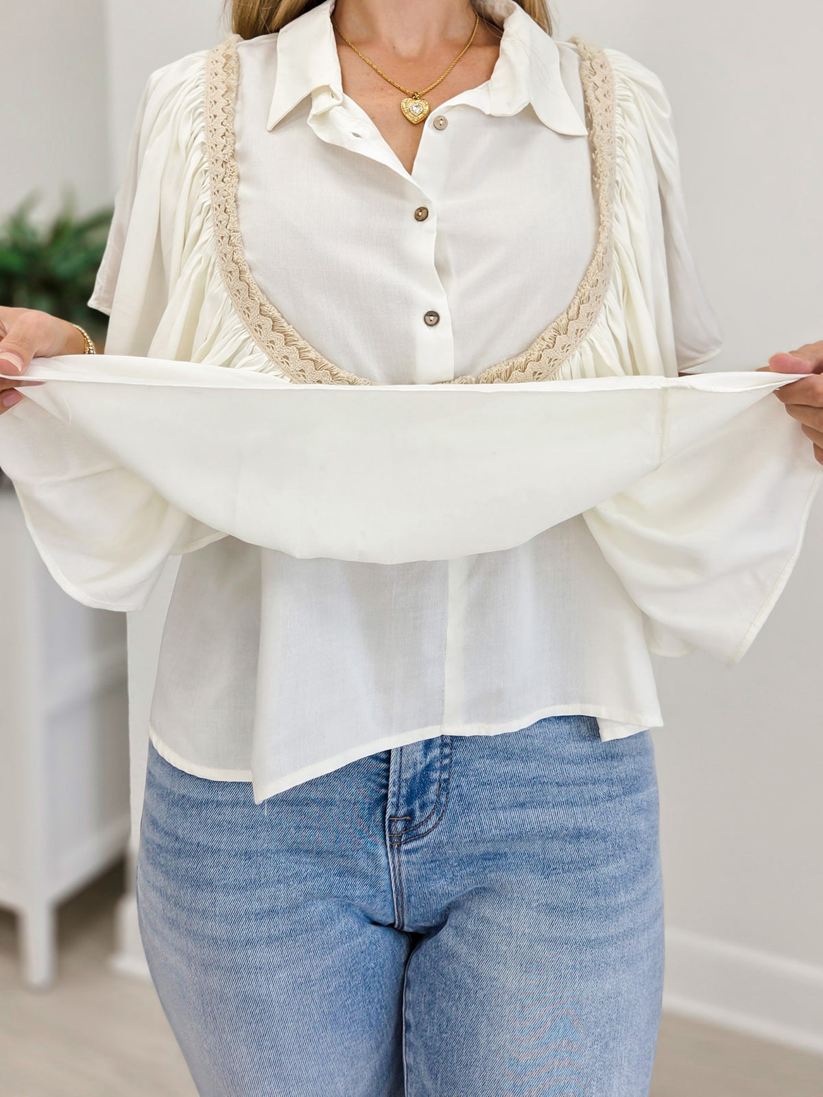 Romantic Ruffle Trim Gathered Panels Woven Blouse Top