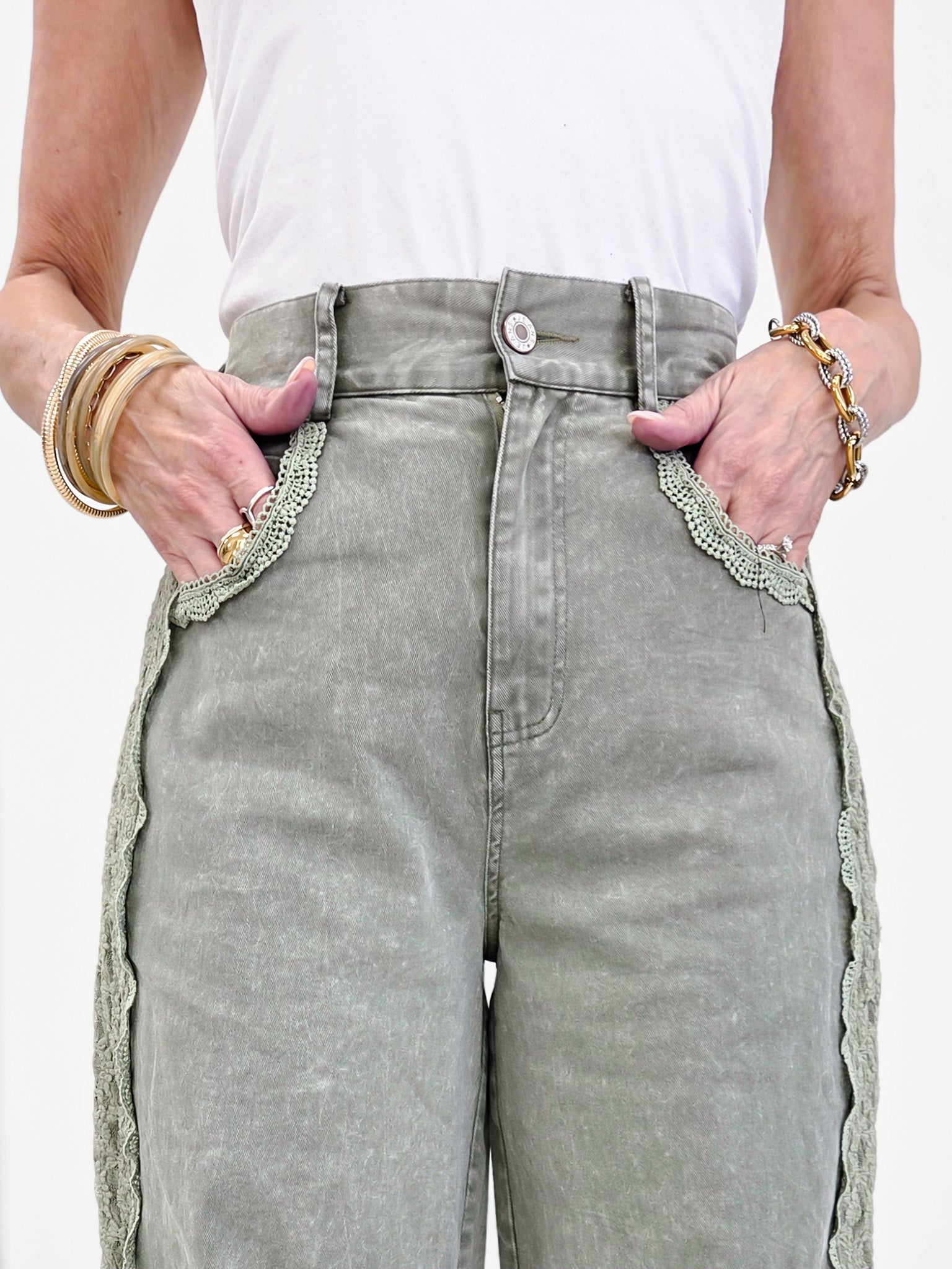 High Waist Lace Trim Baggy Jeans