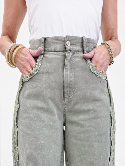 High Waist Lace Trim Baggy Jeans
